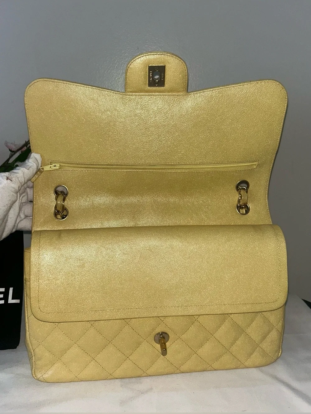 CHANEL 19S Jumbo Double Flap Quilted Caviar Handbag Iridescent Yellow / LGHW